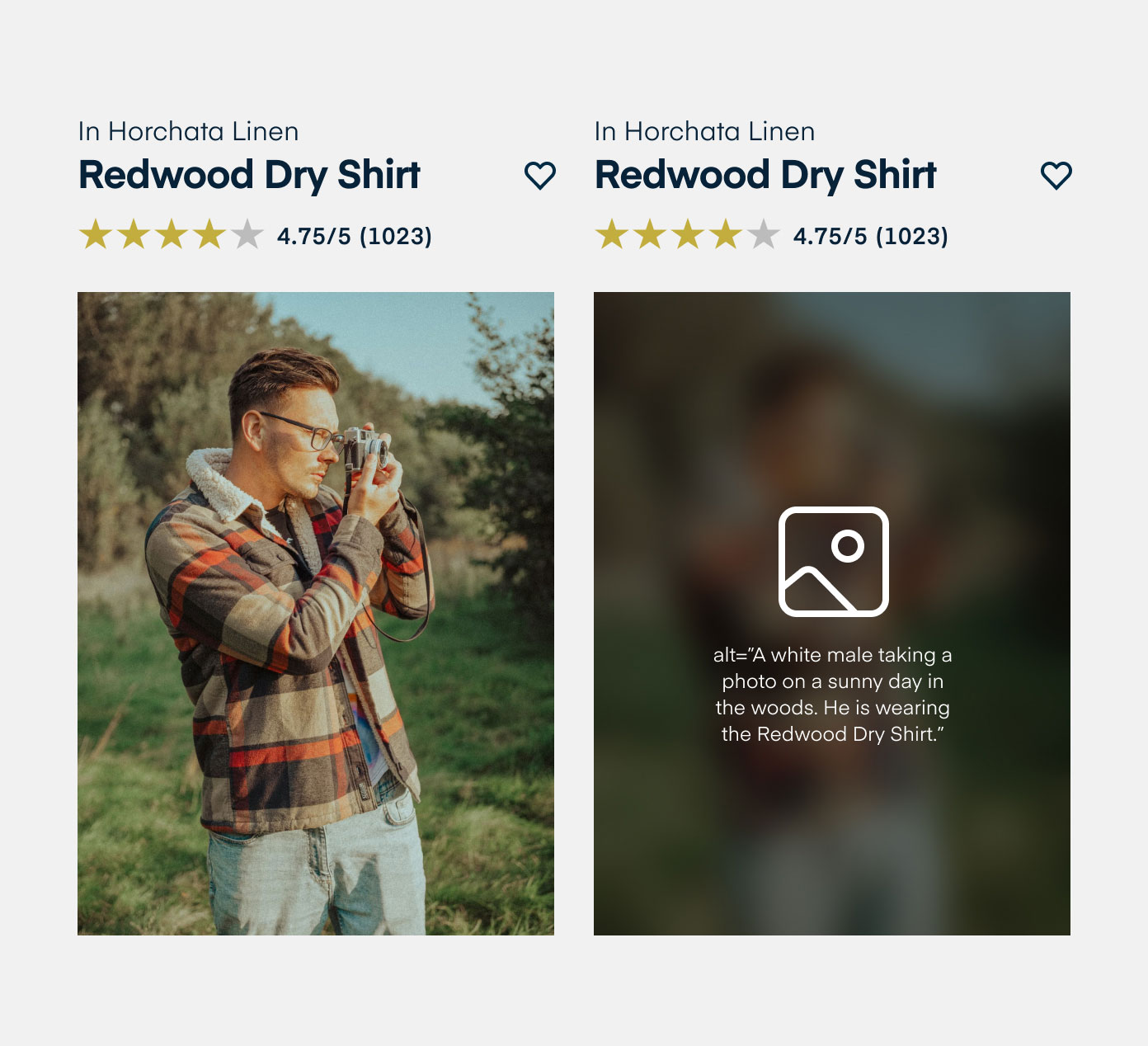 Example of writing alt text for an image. The image shows a white male taking a photo on a sunny day in the woods. He is wearing the Redwood Dry Shirt. The alt text annotation describes the image.